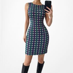 Vintage Y2K Purple Green Knee Length Sleeveless Retro Print Sheath Dress Size M
